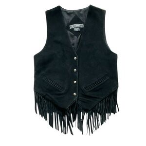 Vintage Urban Southwestern Aztec Woven Black Fringe Leather Suede Vest, size M
